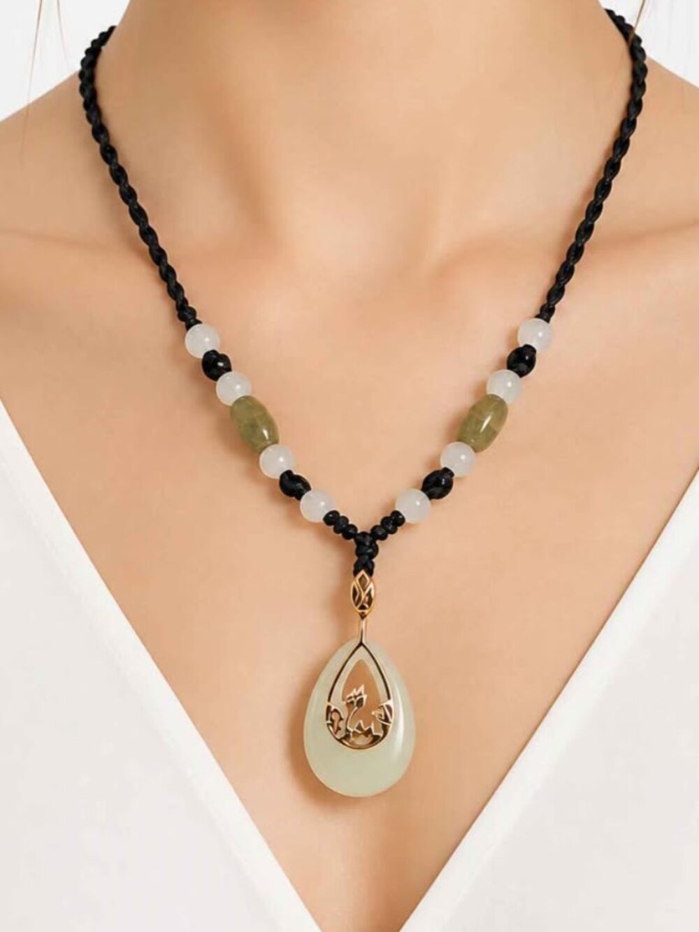 Natural Jade Teardrop Pendant Necklace • 10K Rose Gold Lotus Frame • Adjustable